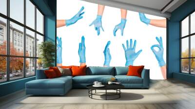 set of   female doctor`s hands in blue glove  isolated on white background- Image Wall mural